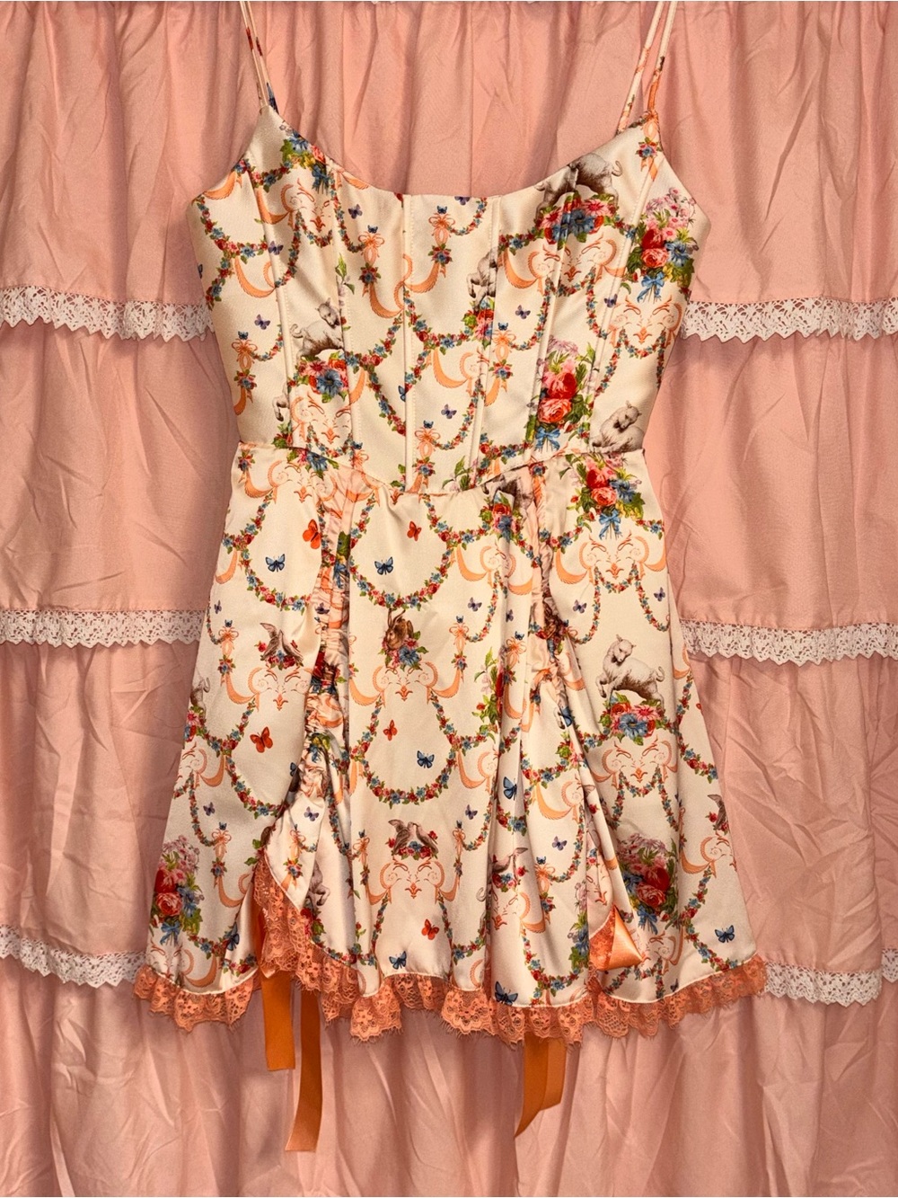 Sugar Thrillz Royal Cream Corset Dress with Peach Lace & Multicolor Floral Print